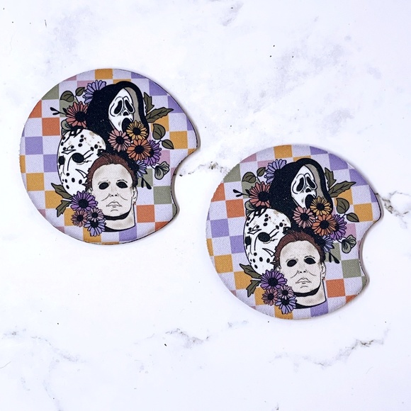 2 CAR COASTERS, HALLOWEEN HORROR MOVIES CHECKERED FLORAL DESIGN - Picture 1 of 3